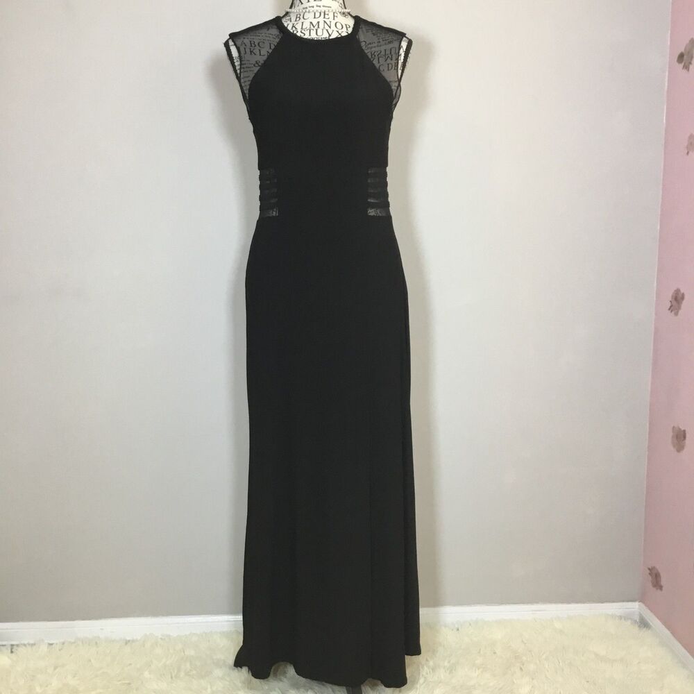 Black formal gown sleeveless stretchy mesh waist and shoulder detail size 6